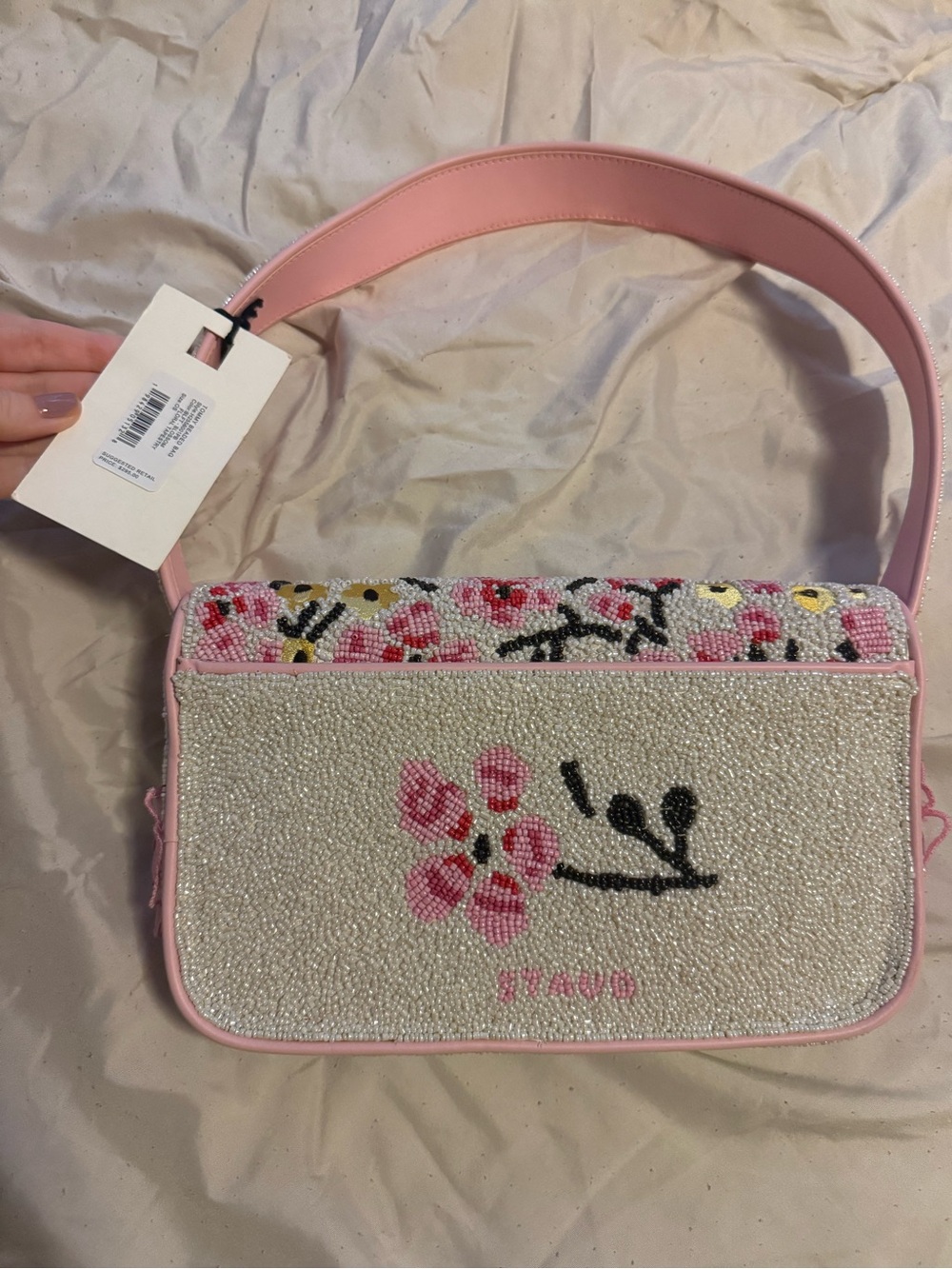 STAUD Pink blossom Beaded Floral Shoulder Bag NWT - Picture 4 of 7